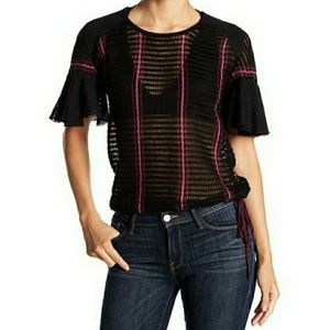 🆕Free People Black & Pink Striped Open Knit Top